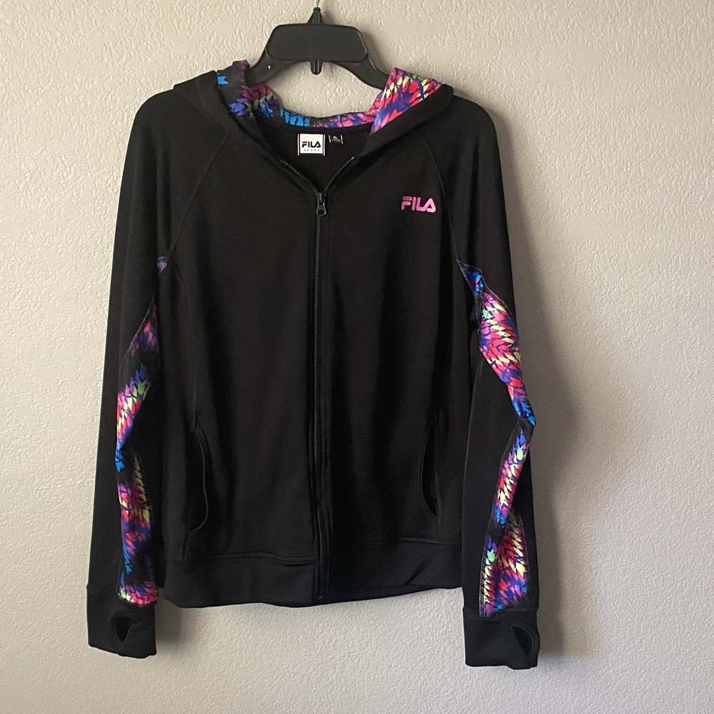 FILA Black Zip-Up Hoodie with Multicolor Accents